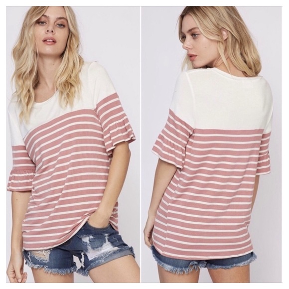 Tops - MAUVE STRIPED SHORT SLEEVE TOP